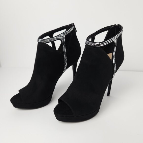 Aldo Tilasa Black Suede Peep Toe Ankle Boot Heels Silver Rhinestones - 7.5 - Picture 6 of 10